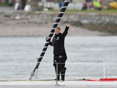 Greta Thunberg à bord du Malizia II quitte le port de Plymouth, le 14 août 2019 au Royaume-Uni - Ben STANSALL [AFP]