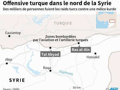 Carte localisant Ras al-Aïn et Tal Abyad dans le nord de la Syrie, où la Turquie a lancé une offensive contre les positions d'une milice kurde - Gal ROMA [AFP]