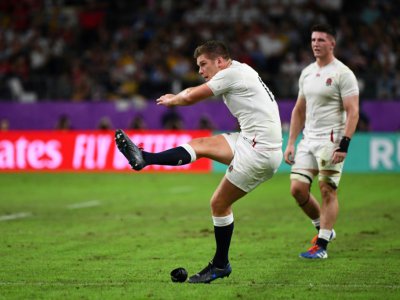 L'ouvreur anglais Owen Farrell contre l'Australie en quart de finale de la Coupe du monde, le 19 octobre 2019 à Oita (Japon) - GABRIEL BOUYS [AFP]
