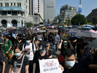 Des manifestants rassemblés dans le quartier de Tsim Sha Tsui, le 20 octobre 2019 à Hong Kong - Ed JONES [AFP]