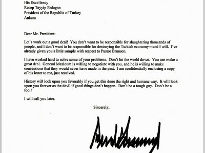 Cette image, largement partagée sur les réseaux sociaux, présente la lettre envoyée par Donald Trump à Recep Tayyip Erdogan, le 9 octobre 2019 - - [Social Media/AFP]