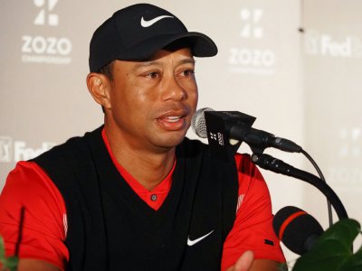 L'Américain Tiger Woods en conférence de presse après sa victoire au Zozo Championship, le 82e titre PGA de sa carrière, le 28 octobre 2019 à Inzai - TOSHIFUMI KITAMURA [AFP]