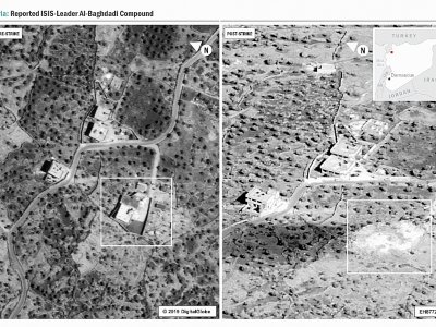 Cette image diffusée par le Pentagone montre le complexe en Syrie où se cachait Abou Bakr al-Baghdadi avant et après sa destruction par les forces américaines. - HO [US Department of Defense/AFP]