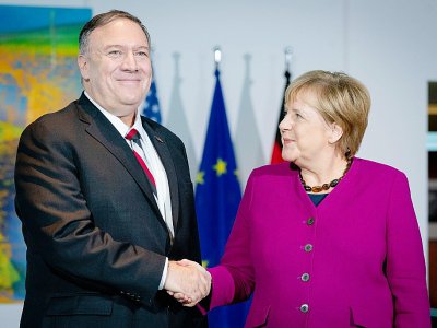 Le secrétaire d'Etat américain Mike Pompeo et la chancelière allemande Angela Merkel à Berlin le 8 novembre 2019 - Kay Nietfeld [dpa/AFP]