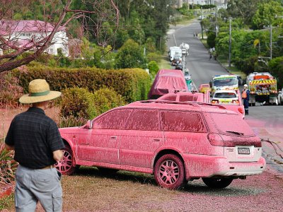 Une voiture aspergée de produit retardant près d'un incendie qui menace une zone résidentielle en banlieue de Sydney, le 12 novembre 2019 - Saeed KHAN [AFP]
