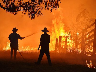 Des habitants de la petite ville australienne de Hillville, près de Taree, à 350 km au nord de Sydney, tentent de défendre leurs maisons contre l'arrivée d'un feu de brousse, le 12 novembre 2019 - PETER PARKS [AFP]