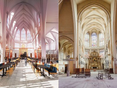 La projection de la rénovation et de l'aménagement de l'intérieur de l'église Saint-Nicaise (après/avant) qui permet de conserver l'authenticité du lieu. - Caroline Bazin/Maxime Jouet