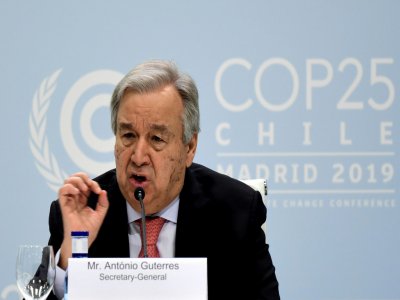 Le secrétaire général de l'Onu Antonio Guterres lors d'une conférence de presse, à la veille de l'ouverture de la COP25, le 1er décembre 2019 à Madrid, en Espagne - CRISTINA QUICLER [AFP]