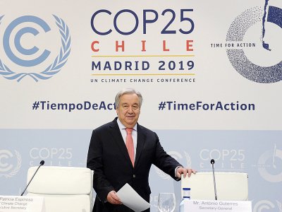Antonio Guterres, le secrétaire général de l'ONU, en conférence de presse à la veille de l'ouverture de la COP25 à Madrid, le 1er décembre 2019 - CRISTINA QUICLER [AFP]