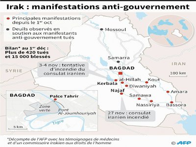 Carte et localisation des manifestations anti-gouvernement en Irak depuis le 1er octobre - Gal ROMA [AFP]