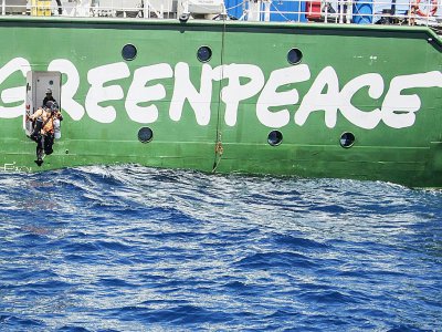 Un plongeur saute du navire de Greenpeace Arctic Sunrise pour explorer la montagne sous-marine Mount Vema, dans l'Atlantique Sud, le 2 novembre 2019 - MARCO LONGARI [AFP]