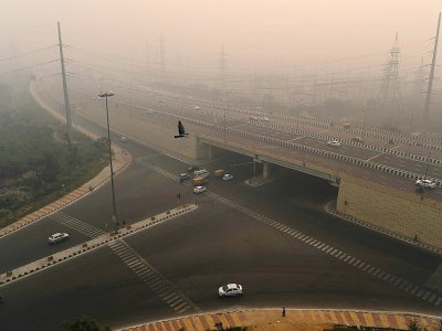 Vue du trafic routier à New Delhi en Inde, enveloppée par un brouillard de pollution ("smog"), le 8 novembre 2018 - Prakash SINGH [AFP/Archives]