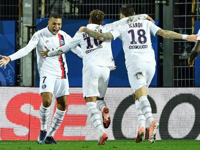 La joie du trio offensif du PSG, Kylian Mbappé, Neymar et Mauro Icardi, tous buteurs à Montpellier, le 7 décembre 2019 - Pascal GUYOT [AFP]