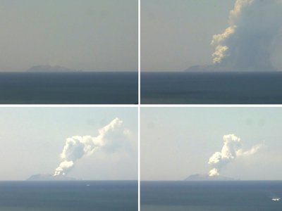 Montage d'images d'une webcam montrant l'éruption du volcan de White Island, le 9 décembre 2019 en Nouvelle-Zélande - Handout [Institute of Geological and Nuclear Sciences Ltd/AFP]