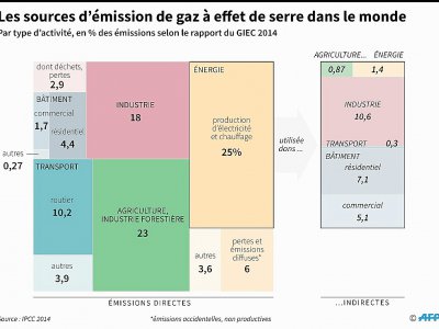 Les sources d'émission de gaz à effet de serre dans le monde - Thomas SAINT-CRICQ [AFP]