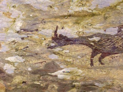Photo fournie par l'université australienne de Griffith le 11 décembre 2019 montrant une scène de chasse préhistorique peinte il y a plus de 40.000 ans trouvée sur les parois d'une grotte du site de Leang Bulu Sipong, en Indonésie - RATNO SARDI [GRIFFITH UNIVERSITY/AFP]