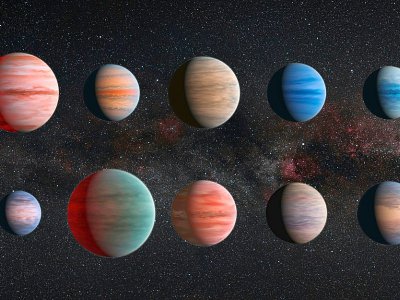Croquis d'artiste transmis par l'Agence spatiale européenne et la Nasa, le 9 décembre 2015, de dix exoplanètes de Jupiter - - [ESA/Hubble/AFP/Archives]