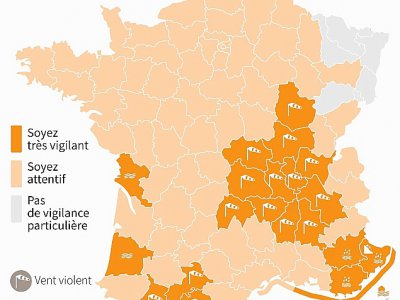 Carte des départements placés en vigilance météorologique par Météo France, jusqu'au samedi 21 décembre - [AFP]