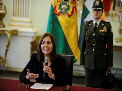 Le ministre bolivienne des Affaires étrangères Karen Longaric lors d'une conférence de presse à La Paz le 27 décembre 2019 - JORGE BERNAL [AFP]
