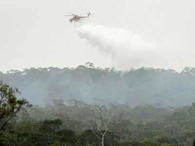 Un hélicoptère bombardier d'eau déverse son chargement sur un incendie, le 30 décembre 2019 dans une banlieue de Melbourne - William WEST [AFP]