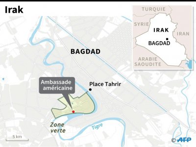 Carte localisant l'ambassade des Etats-Unis à Bagdad, attaquée mardi 31 décembre par des milliers de manifestants - [AFP]