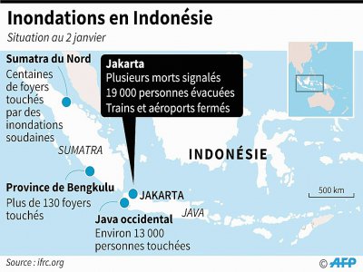 Carte de l'Indonésie montrant les lieux touchés par les inondations, au 2 janvier - [AFP]