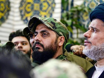 Qaïs al-Khazali, un commandant du Hachd al-Chaabi lors des obsèques à Najaf d'Abou Mehdi al-Mouhandis, de Qassem Soleimani et de huit autres personnes tuées dans un raid américain près de Bagdad, le 4 janvier 2020 - Haidar HAMDANI [AFP]
