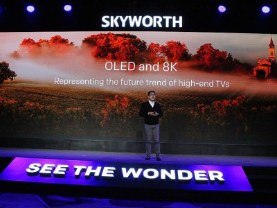 Skyworth chief executive Tony Wang unveils premium 8K TV models at the Consumer Electronics Show - Glenn CHAPMAN [AFP]