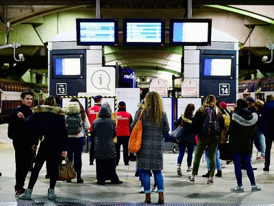 Des voyageurs consultent les panneaux d'informations sur le trafic des trains, à la gare Montparnasse à Paris, le 7 janvier 2020 - MARTIN BUREAU [AFP]