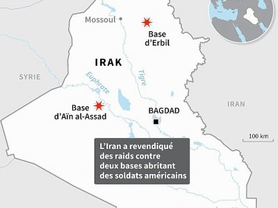 Carte de localisation des bases d'Aïn al-Assad et Erbil en Irak - Aude GENET [AFP]
