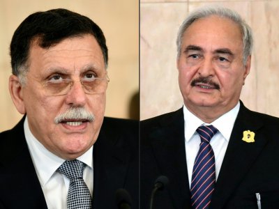 Montage photos des deux rivaux libyens, le chef du GNA Fayez al-Sarraj (g) et le maréchal Khalifa Haftar - FETHI BELAID, HO [AFP/Archives]