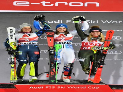 Petra Vlhova victorieuse au centre, Anna Swenn Larsson deuxième, à gauche, et Mikaela Schiffrin troisième, à droite: le podium du slalom féminin de la Coupe du monde de ski alpin à Flachau en Autriche le 14 janvier 2020. - JOE KLAMAR [AFP]