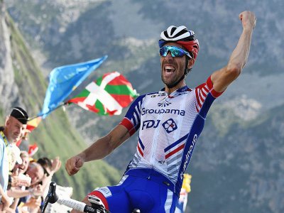 Thibaut Pinot laisse éclater sa joie à l'arrivée de la 14e étape du Tour de France 2019 qu'il a remportée au sommet du Tourmalet le 20 juillet 2019. - Anne-Christine POUJOULAT [AFP/Archives]