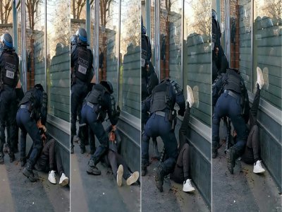 Montage de photos créé le 19 janvier 2020 à partir d'une vidéo d'un manifestant et montrant un policier frappant un homme, en marge de la manifestation des "gilets jaunes" à Paris, le 18 janvier 2020 - - [HANDOUT/AFP]