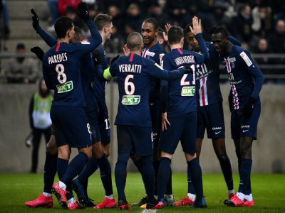 La joie des joueurs du PSG, qualifiés pour la finale de la Coupe de la Ligue après avoir battu Reims, le 22 janvier 2020 au stade Auguste Delaune - FRANCK FIFE [AFP]