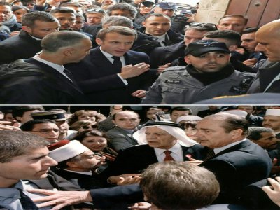 Un combinaison de photos montrant les réactions des présidents français Emmanuel Macron et Jacques Chirac face à des forces de sécurité israéliennes, les 22 janvier 2020 et 22 octobre 1996 dans la Vieille ville de Jérusalem - Ludovic Marin, JIM HOLLANDER [AFP/Archives]