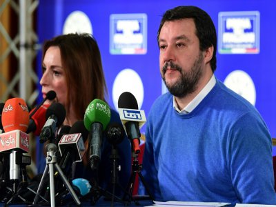 Matteo Salvini au cours d'une conférence de presse avec Lucia Borgonzoni, sénatrice de centre-droit, à Bologne, le 27 janvier 2020 - Miguel MEDINA [AFP]
