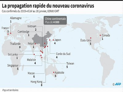 Carte montrant les pays et territoires où des cas du virus chinois ont été confirmés - John SAEKI [AFP]