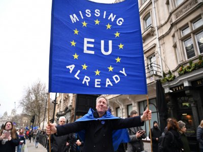 "L'UE nous manque déjà", proclame cette bannière brandie par un opposant au Brexit, le 31 janvier 2020 près du Parlement - Glyn KIRK [AFP]
