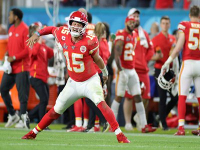 Le quarterback des Kansas City Chiefs Patrick Mahomes exulte après un touchdown face aux San Francisco 49ers lors du Super Bowl, le 2 février 2020 à Miami - Maddie Meyer [Getty/AFP]