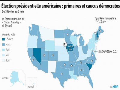 Carte des États-Unis montrant le calendrier des primaires et des caucus pour désigner le candidat démocrate à l'élection présidentielle de 2020 - [AFP]