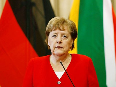 La chancelière allemande Angela Merkel lors d'une conférence de presse à Pretoria, en Afrique du Sud, le 6 février 2020 - Phill Magakoe [AFP]