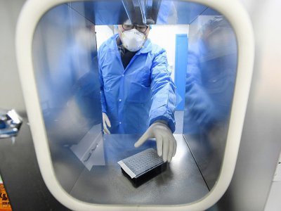 Un technicien de laboratoire prend des échantillons récupérés sur des personnes à tester pour le nouveau coronavirus, à Wuhan en Chine le 6 février 2020 - STR, STR [AFP]
