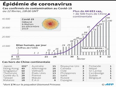 Chiffres cumulés et bilan humain par jour des cas de contamination au coronavirus, au 12 février, à 18h30 GMT - John SAEKI [AFP]