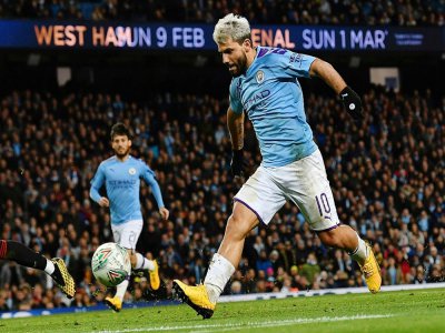 Le buteur argentin de Manchester City Sergio Agüero contre Manchester United en demi-finale retour de Coupe de la Ligue anglaise, le 29 janvier 2020 à l'Etihad Stadium de Manchester - Paul ELLIS [AFP/Archives]