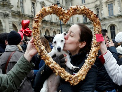 Une femme embrasse son chien lors de la Saint Valentin, le 14 février 2014 à Paris - FRANCOIS GUILLOT [AFP/Archives]