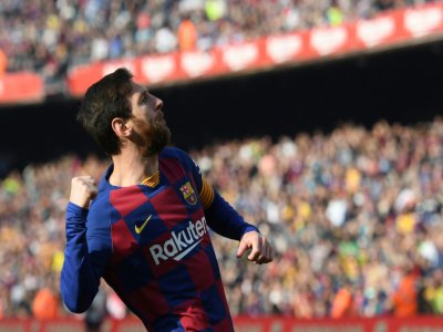 La star du FC Barcelone Lionel Messi après l'un de ses 5 buts contre Eibar, le 22 février 2020 à Camp Nou - Josep LAGO [AFP/Archives]