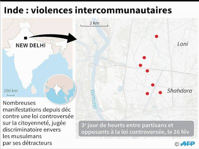 Carte d'Inde et de New Dehli localisant les heurts entre partisans et détracteurs d'une loi controversée sur la citoyenneté - [AFP]