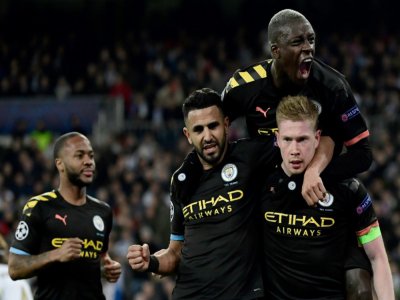 La joie des joueurs de Manchester City après le penalty réussi par Kevin de Bruyne face au Real, le 26 février 2020 à Madrid - JAVIER SORIANO [AFP]