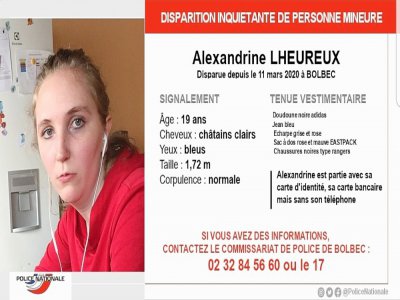 Alexandrine Lheureux est portée disparue depuis le mercredi 11 mars à Bolbec. - Police nationale 76